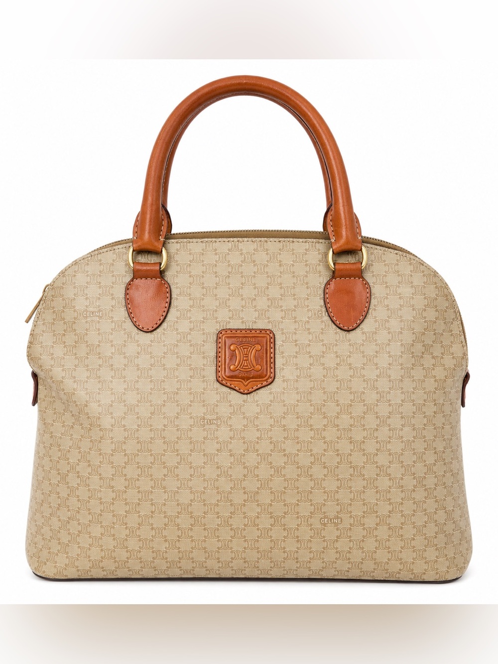 Authentic Vintage Celine Macadam Boston Bag Beige Canvas Leather Strap